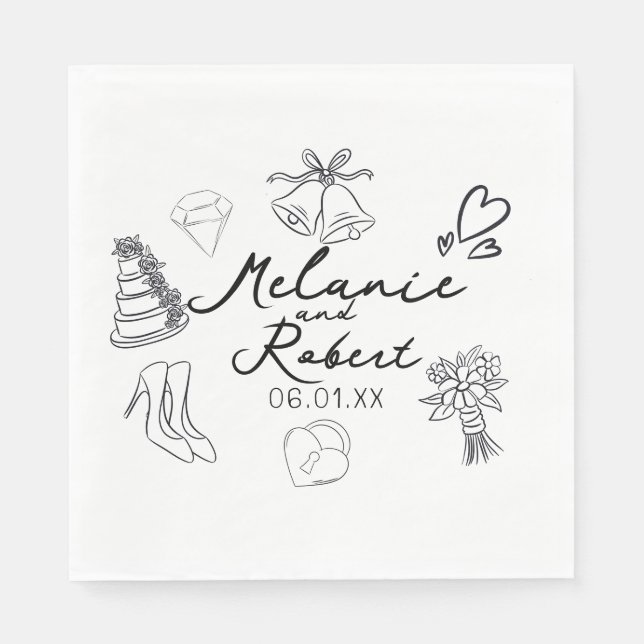 Hochzeits-Doodle Save the Dates Hochzeitstag  Serviette (Vorderseite)