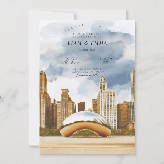 Hochzeits-Einladung mit Chicago Illinois-Skyline Einladung (Vorderseite)