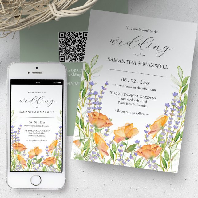 Hochzeits-Einladung mit einzigartigem floralem QR- Einladung (Orange floral fairytale wedding invitations with QR code. Unique watercolor art Victoria Grigaliunas)