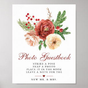 Hochzeits-Gästebuch mit Weihnachtsblumen und -laub Poster