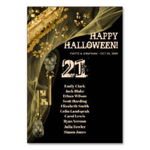 Hochzeits-Halloween-Schwarz & Gold-Skelett-Schlüss Tischnummer