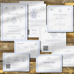 Hochzeits-Handzeichnung Doodle Französisch Blau Da RSVP Karte
