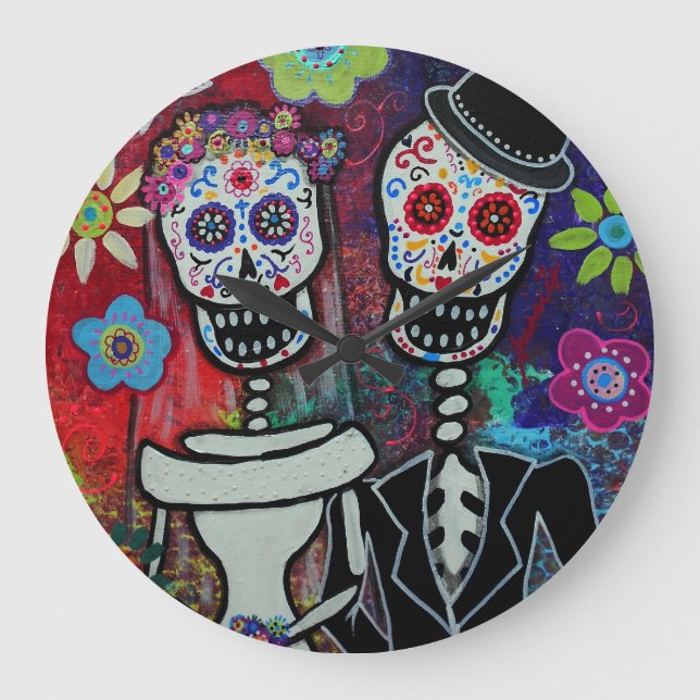 Hochzeits-Liebhaber Dia de Los Muertos Couple Große Wanduhr (Vorderseite)