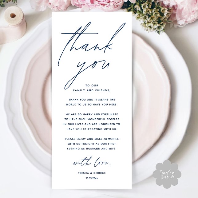 Hochzeits-Minimalistische-Hochzeits-Dinner-Dankesk Programm (Wedding Minimalist Wedding Dinner Brunch Lunch Reception Thank You Card in Navy Blue)