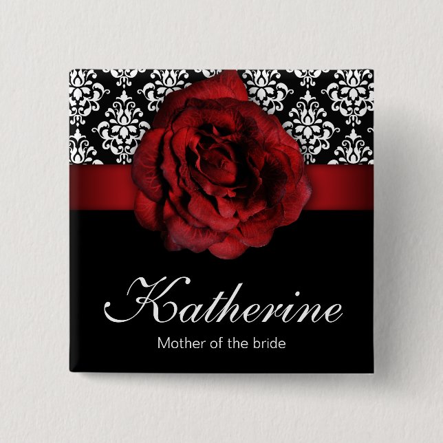 Hochzeits-Name-Tag-Button Rote Rose Damast Button (Vorderseite)