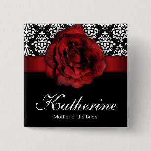 Hochzeits-Name-Tag-Button Rote Rose Damast Button