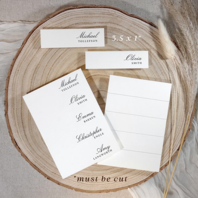 Hochzeits-Namensschilder für Menüs 3,5 x 1 Skript- (Elegant script wedding menu name tags on printable DIY place card sheet.)