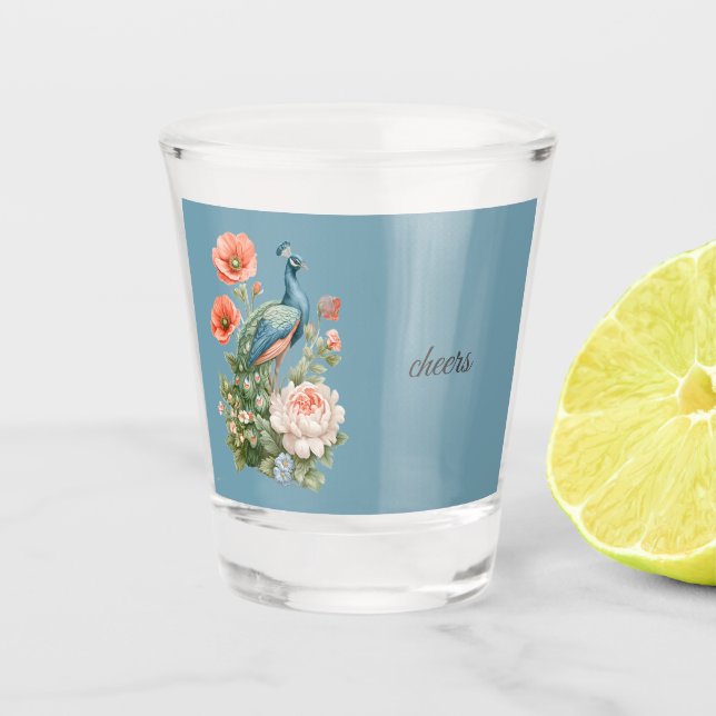 Hochzeits-Pfau Botanical Vintage | Feier  Schnapsglas (Vorderseite)