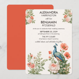 Hochzeits-Pfau Botanisch Vintage-Blumenkunst Einladung