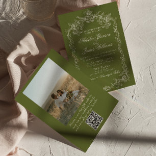 Hochzeits-QR-Code-Foto in Vintage-Olivgrün Einladung