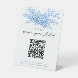 Hochzeits-QR-Code-Schild Blau Floral Teilen Sie Fo Sockelschild
