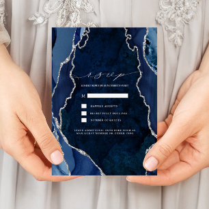 Hochzeits-RSVP Navy-Marmor & Silber-Achat Einladung