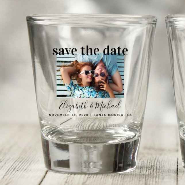 Hochzeits-Save-the-Date-Foto benutzerdefiniertes S Schnapsglas (Von Creator hochgeladen)