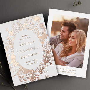 Hochzeits-Save-the-Date-Foto mit Wildblumen-Silhou Folieneinladung