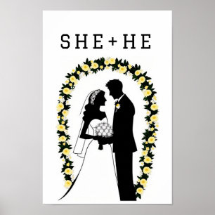 Hochzeits-Silhouette einer Braut und eines Bräutig Poster