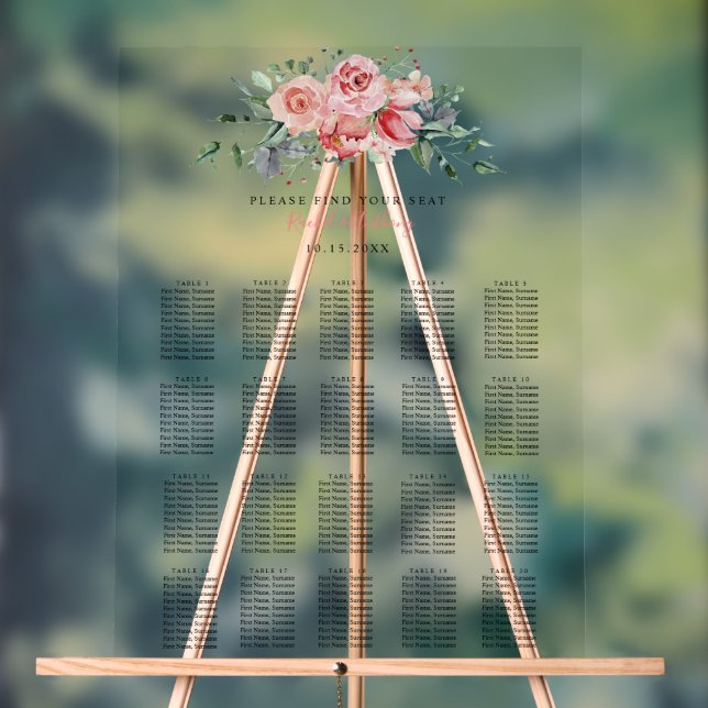 Hochzeits-Sitzordnung Blumen Romantisches Rosa Gar Acrylschild (Neutral)