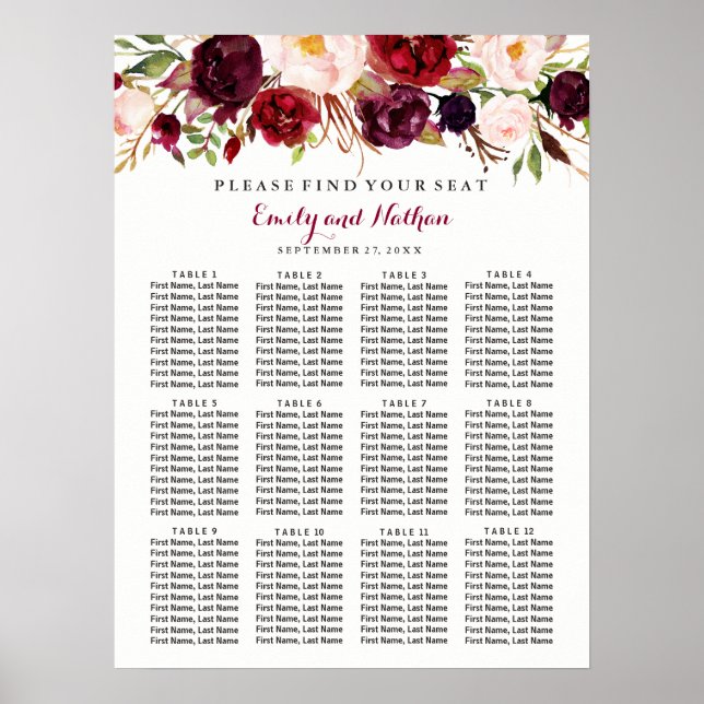 Hochzeits-Sitzordnung Burgunderrot Floral Poster (Vorne)