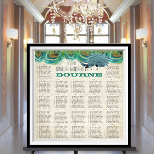 Hochzeits-Sitzordnung mit Vintage-Pfauenfedern Poster