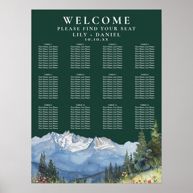 Hochzeits-Sitzplan Bergflorales Smaragdgrün Poster (Vorne)