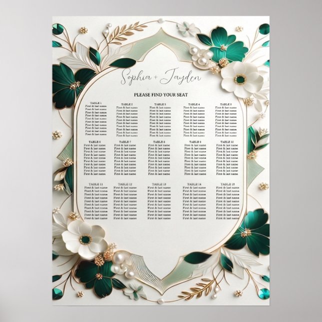 Hochzeits-Sitzplan mit floraler Begrünung Poster (Vorne)