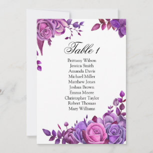 Hochzeits-Sitzplan mit violetten Rosen. Tischplan Einladung