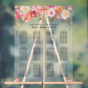Hochzeits-Sitzplan mit Wasserfarben-Blumen in Rosa Acrylschild