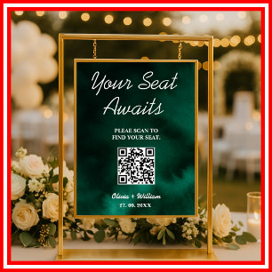 Hochzeits-Sitzplan QR Smaragdgrünes Schild