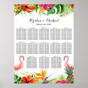 Hochzeits-Sitzplan Tropische Blumenflamingos Poster
