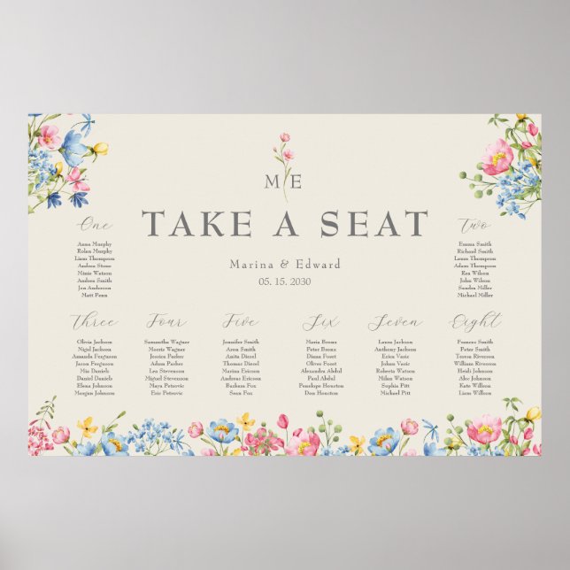 Hochzeits-Sitzplanposter mit Wildblumen Poster (Vorne)