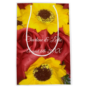 Hochzeits-Sonnenblumen-Rosen-Foto mit Namen Mittlere Geschenktüte