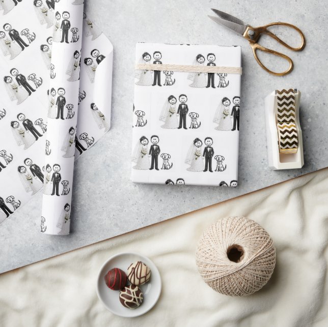 Hochzeits-Strichmännchen mit Trauzeugen-Hund Geschenkpapier (Kunsthandwerk)