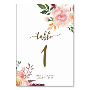 Hochzeits-Tischnummer-Karte boho mit Blumen Tischnummer