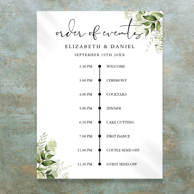Hochzeits-Veranstaltungsablauf-Schild mit Blumensc Poster (Greenery Floral Wedding Order Of Events Sign)