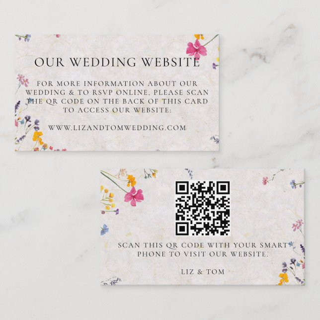 Hochzeits-Website QR-Code Wildblumengarten Rosé Begleitkarte (Vorne/Hinten)