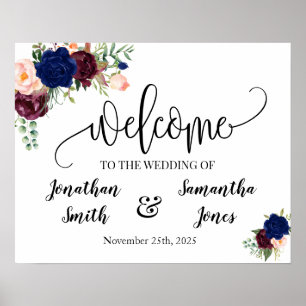Hochzeits-Willkommensschild Marine Burgund floral  Poster