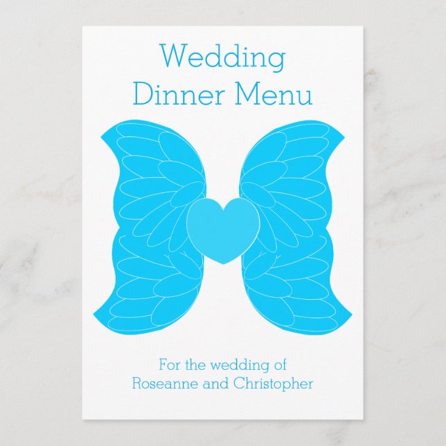 Hochzeitsabend Menü Blue Angel Wings Herzdesign Menükarte (Vorderseite)