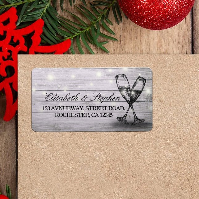 Hochzeitsadresse Champagne Glass Holzofenleuchten Adressaufkleber (Von Creator hochgeladen)