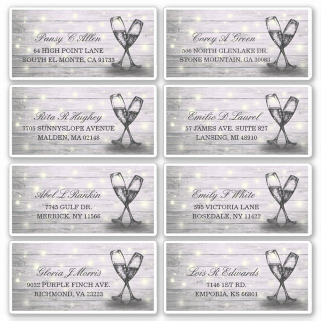 Hochzeitsadresse Champagne Glass Holzofenleuchten Aufkleber (Vorderseite)