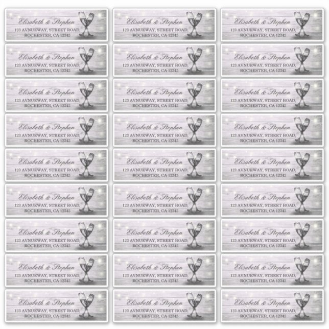 Hochzeitsadresse Champagne Glass Holzofenleuchten Aufkleber (Vorderseite)