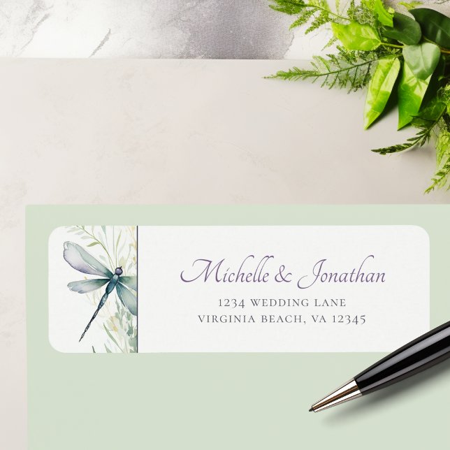 Hochzeitsadresse für Wasserfarben und Grüne (Watercolor Dragonfly and Greenery Wedding Address Label)