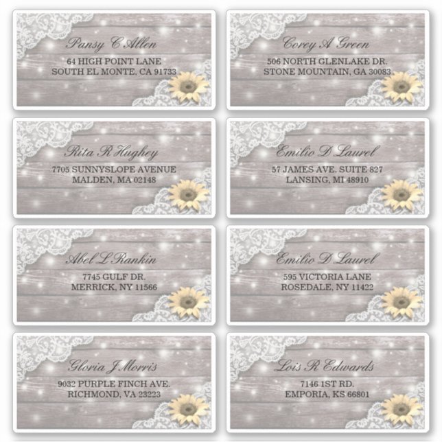 Hochzeitsadresse Lace Sunflower Holzofenleuchten Aufkleber (Vorderseite)