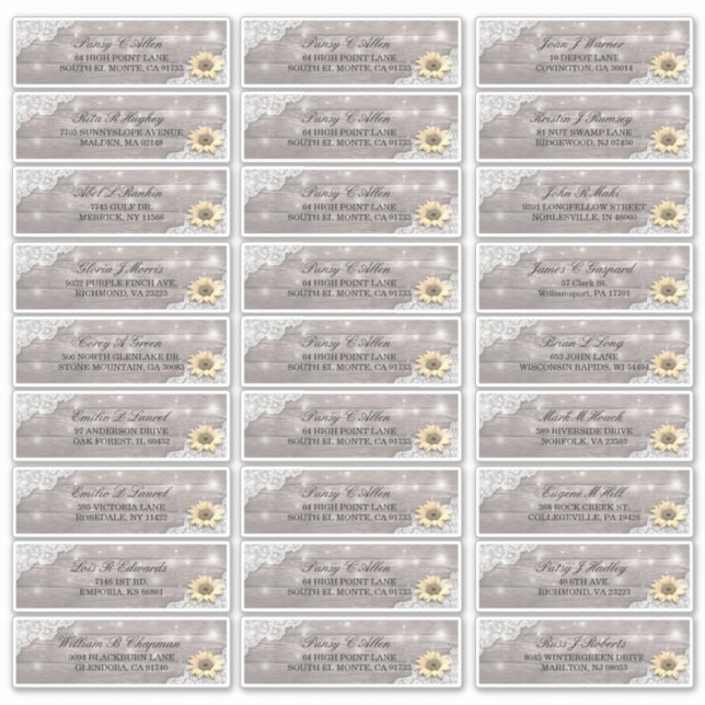 Hochzeitsadresse Lace Sunflower Holzofenleuchten Aufkleber (Vorderseite)