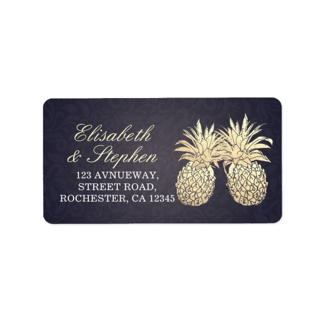 Hochzeitsadresse Moderne Goldene Ananas Navy Blue Adressaufkleber (Vorne)