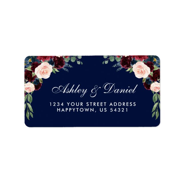 Hochzeitsadresse von Burgundy Blue Floral Watercol Adressaufkleber (Vorne)