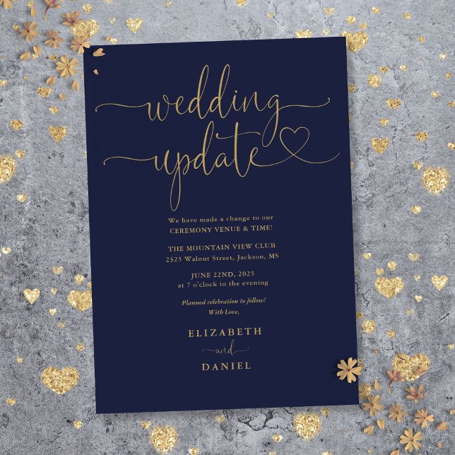 Hochzeitsaktualisierung für Navy Blue und Gold Hea Einladung (Navy Blue And Gold Heart Script Wedding Update Invitation)