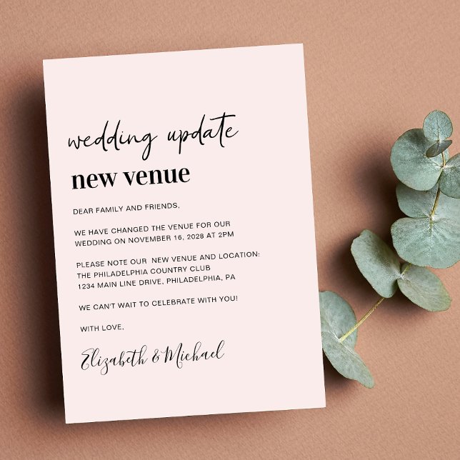 Hochzeitsaktualisierung Rosa neuer Ort Ankündigung (A chic change of venue announcement. Our user-friendly template allows you to easily customize)
