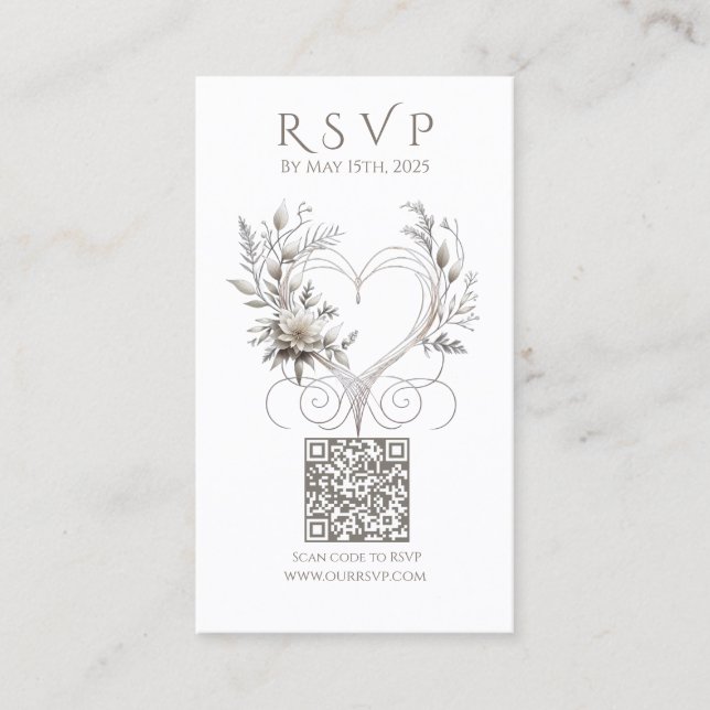Hochzeitsangabe RSVP QR-Code-White-Blume mit Herz Visitenkarte (Vorderseite)