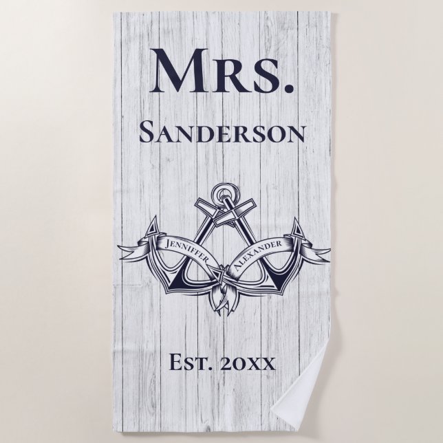 Hochzeitsanker Frau Navy Blue Nautical Monogram Strandtuch (Vorderseite)