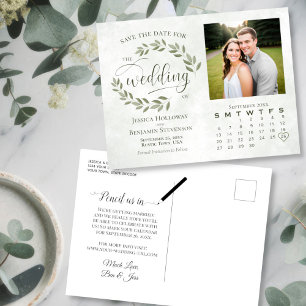 Hochzeitsankündigung mit Foto & Kalender Sage Leav Ankündigungspostkarte