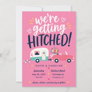 Hochzeitsankündigung mit Retro-Wohnwagen in Rosa i Einladung